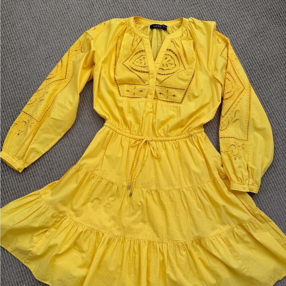 Lauren Ralph Lauren Yellow V-Neck Bishop Sleeve Dress